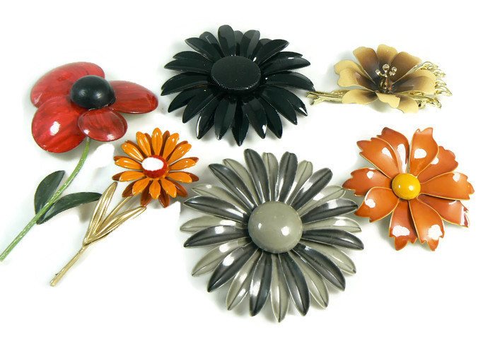 Large Enamel Flower Lot, Oranges, Reds, Black and Gray