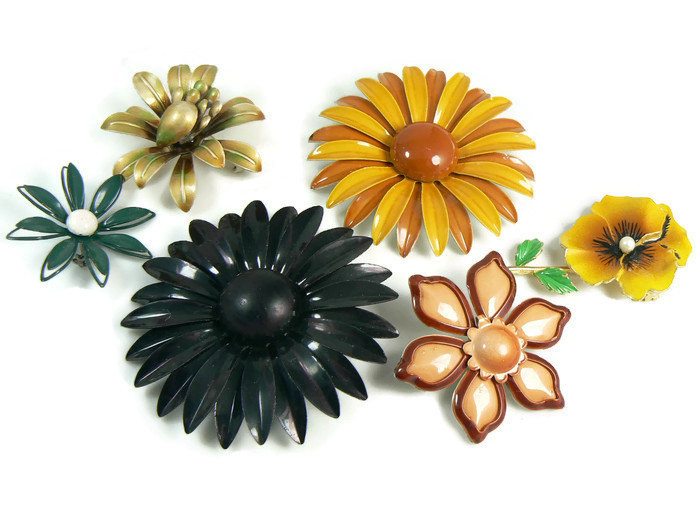 Earth Tones Vintage Enamel Flower Pin Lot