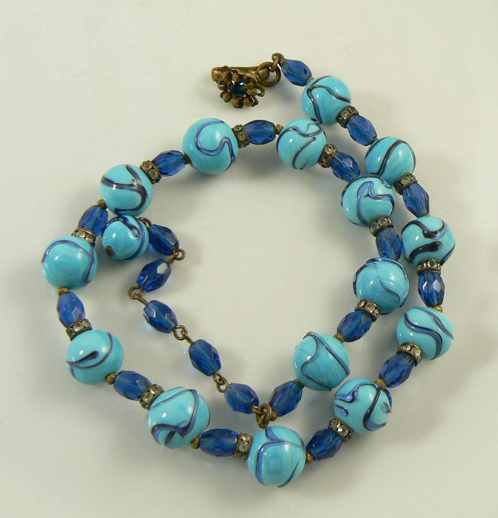 Miriam Haskell Blue Swirl Art Glass Beaded Necklace