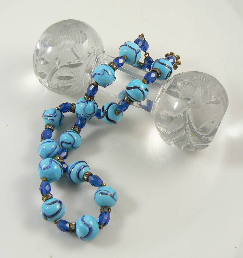 Miriam Haskell Blue Swirl Art Glass Beaded Necklace - Vintage Lane Jewelry