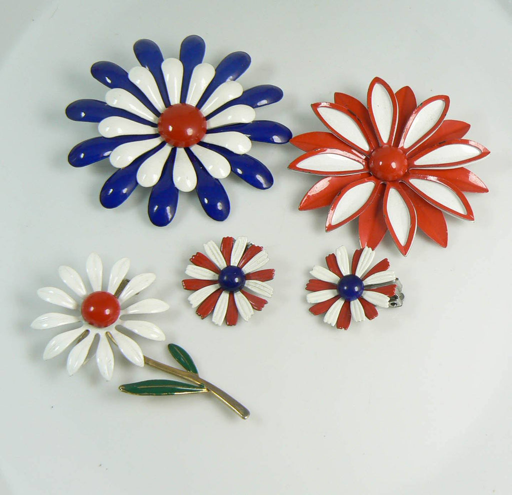 Red, white and blue Enamel Flower Pin Lot and Clip Earrings
