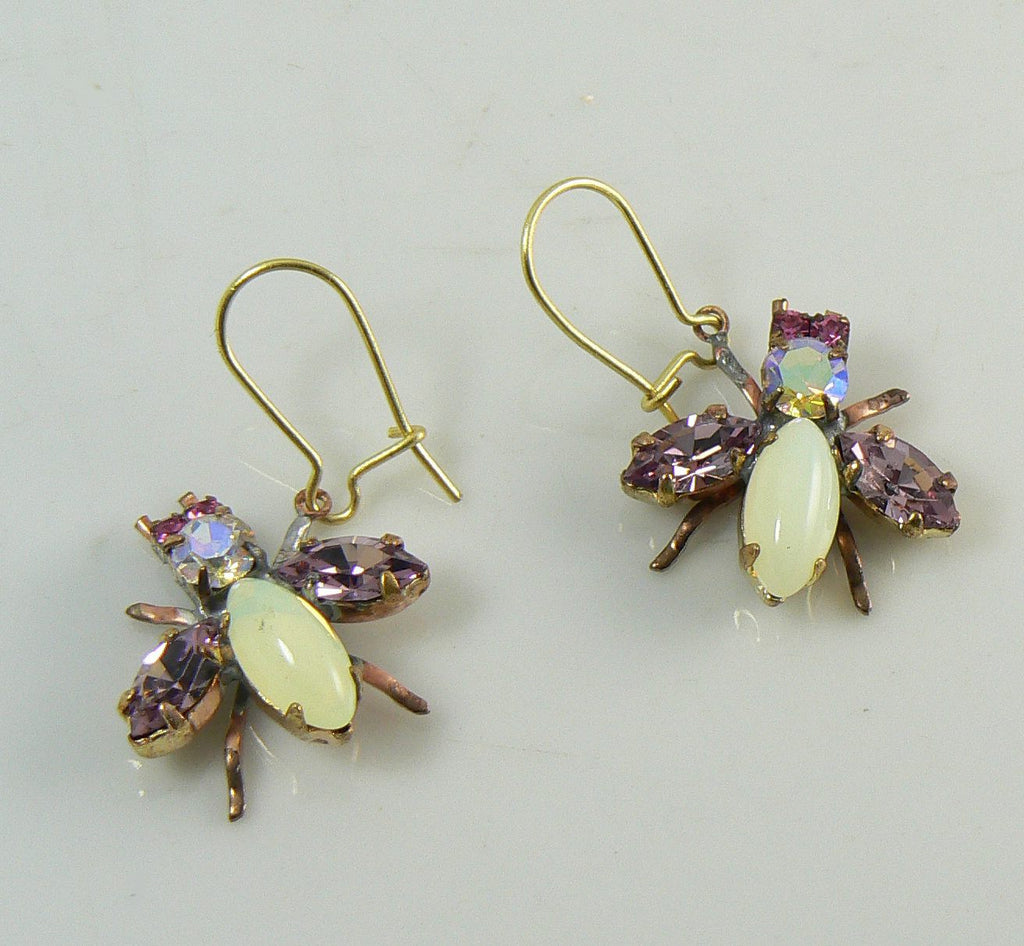 Czech Glass Rhinestone Fly Earrings, Lavender