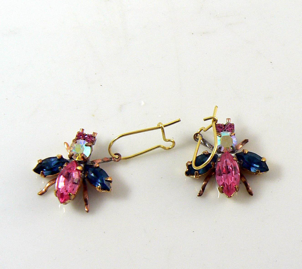Czech Glass Rhinestone Fly Earrings, pink, blue