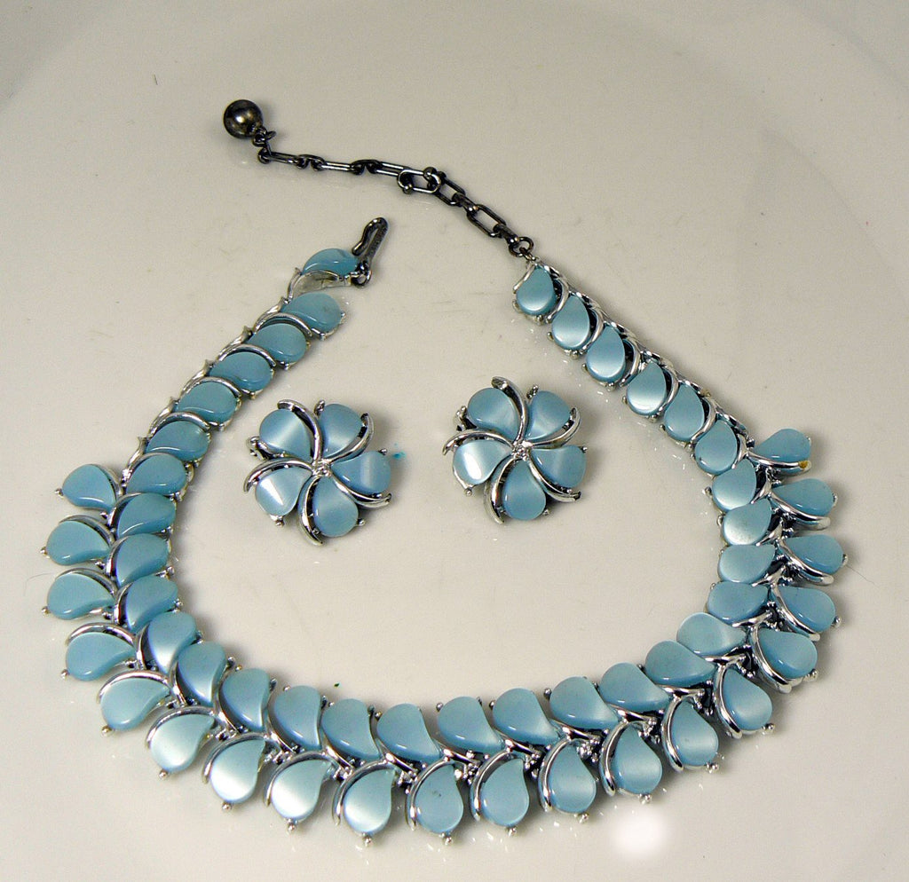 Vintage Kramer Baby Blue Thermoset Choker and Clip Earring Set