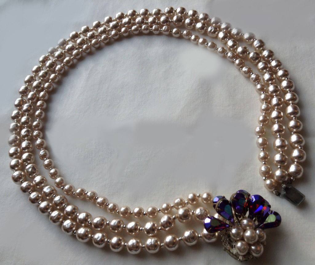 Vintage Miriam Haskell 3 Strand Baroque Pearl Rhinestone Clasp Necklace