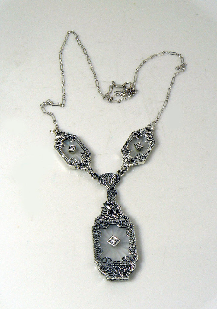 Art Deco Camphor Glass 3 Diamond Filigree Sterling Silver Necklace