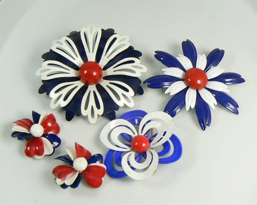 Red, white and blue Enamel Flower Pin Lot and Clip Earrings