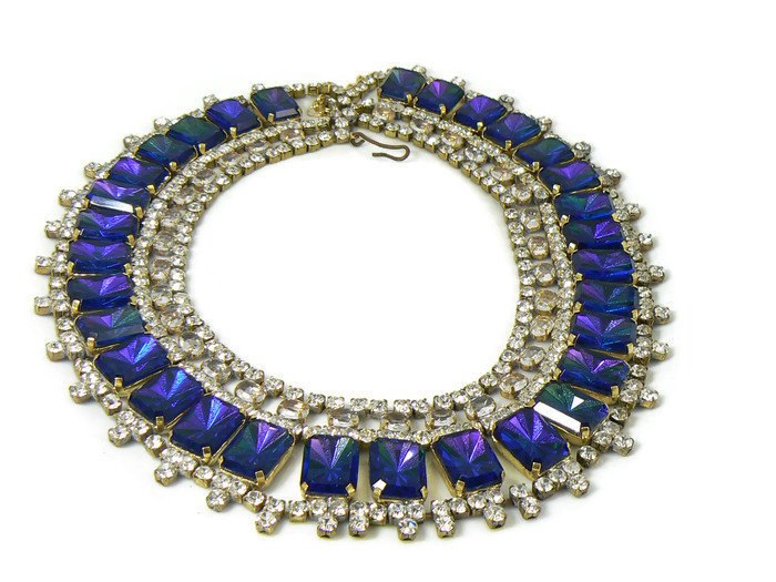 Czech Glass Cobalt Blue Rhinestone Bib Necklace, Husar D.