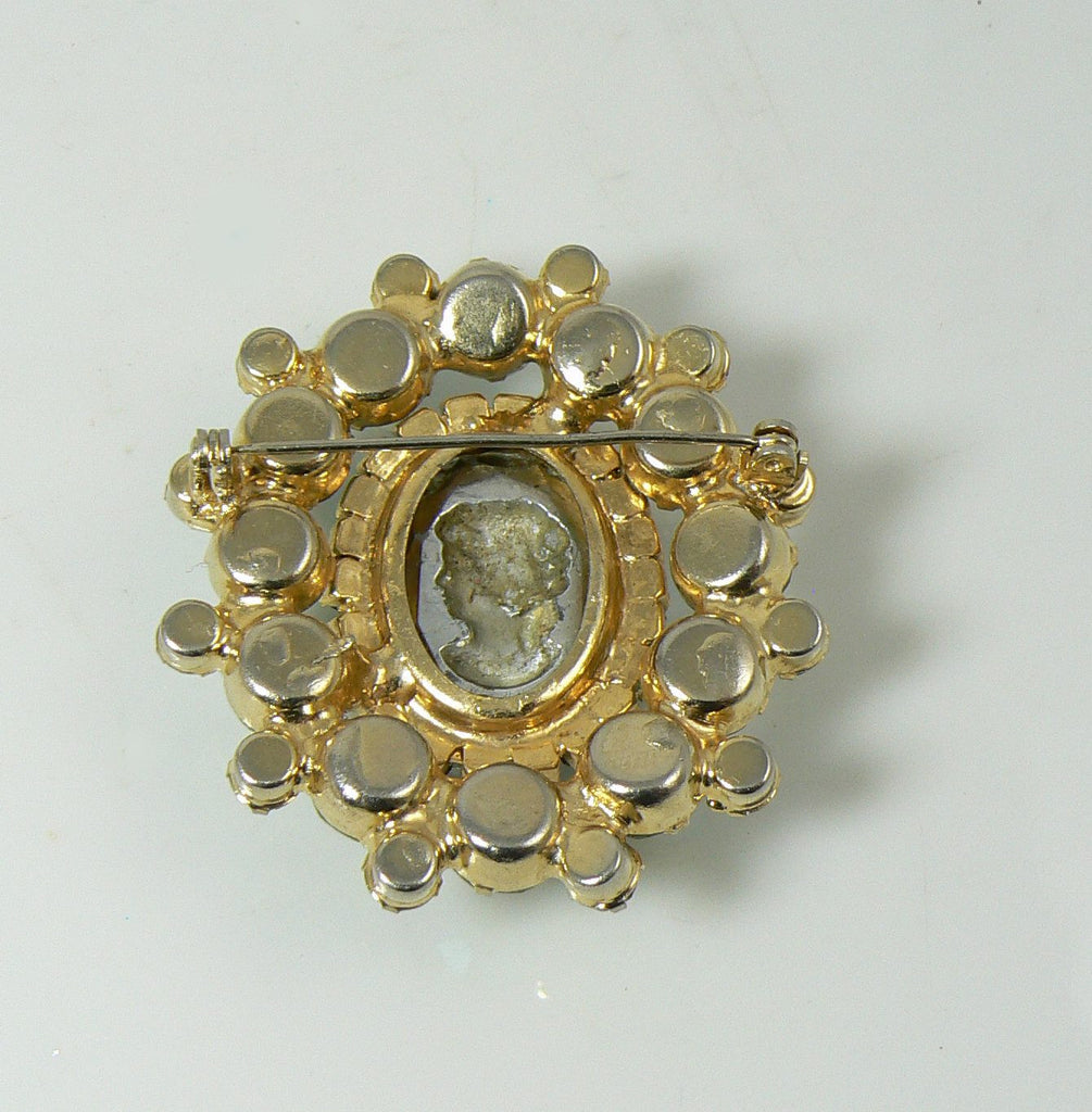Vintage Juliana (D&E) Book Piece AB Rhinestone Glass Intaglio Cameo Brooch - Vintage Lane Jewelry
