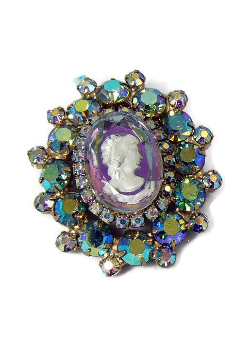 Vintage Juliana (D&E) Book Piece AB Rhinestone Glass Intaglio Cameo Brooch