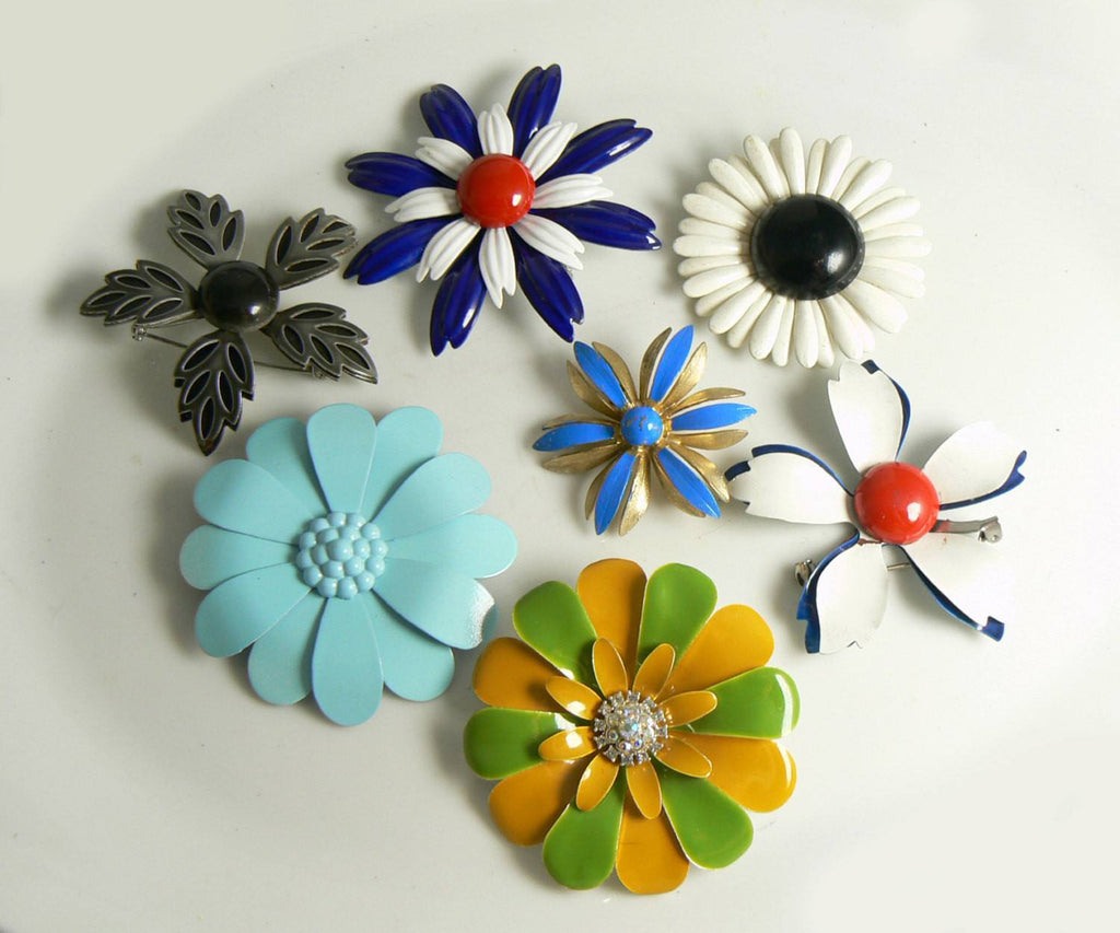Vintage Enamel Flower Lot Pins, Blue Daisies