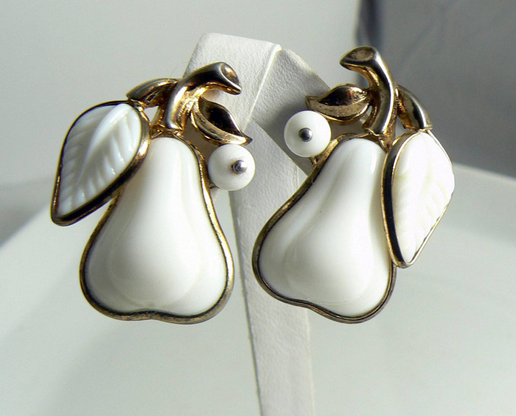 Vintage Crown Trifari Milk Glass Fruit Pear Clip Earrings