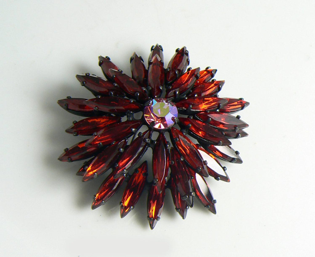 Vintage Regency Ruby Red Sunburst Rhinestone Brooch