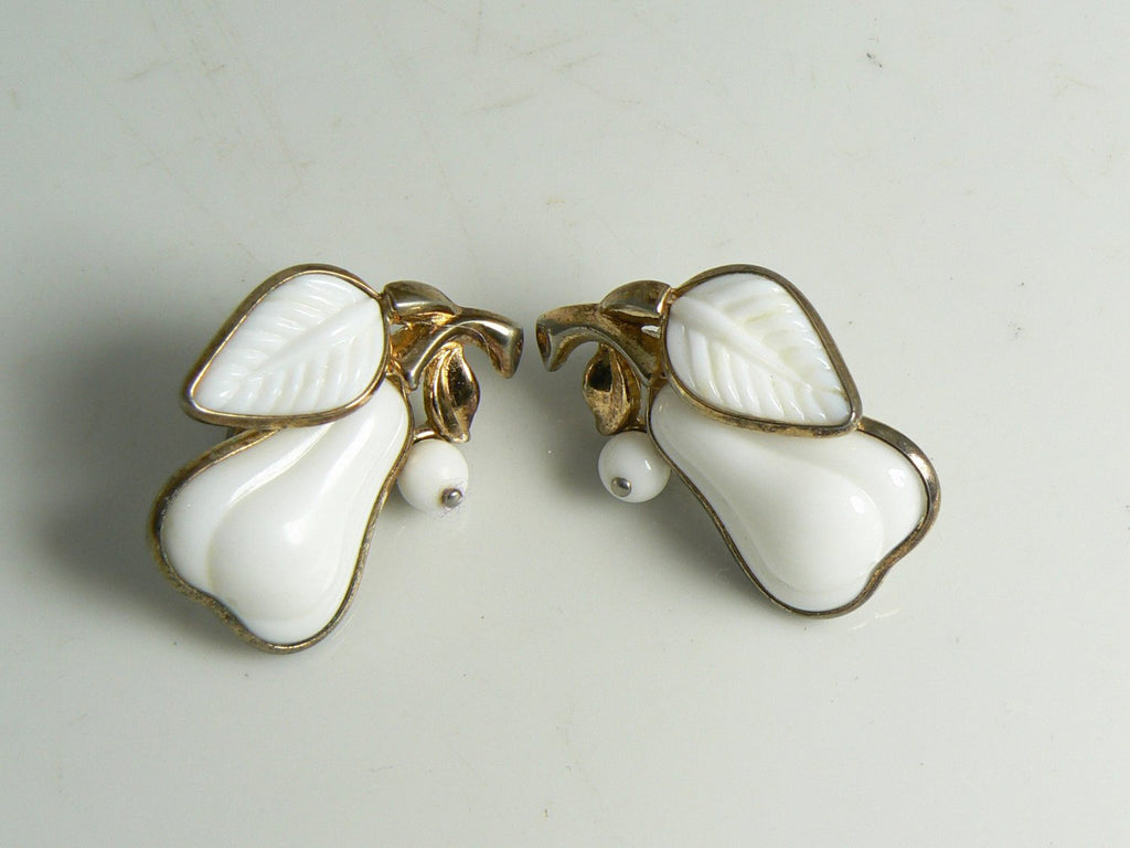 Vintage Crown Trifari Milk Glass Fruit Pear Clip Earrings - Vintage Lane Jewelry