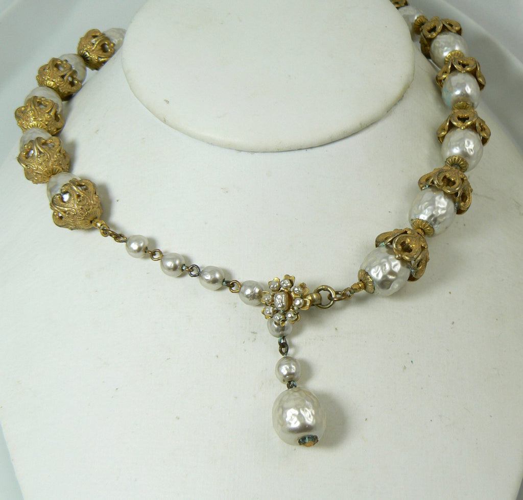 Miriam Haskell Russian Gold and Baroque Pearl Necklace - Vintage Lane Jewelry