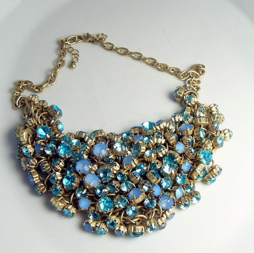 Vintage Runway Blue Tones Rhinestone Bib Necklace