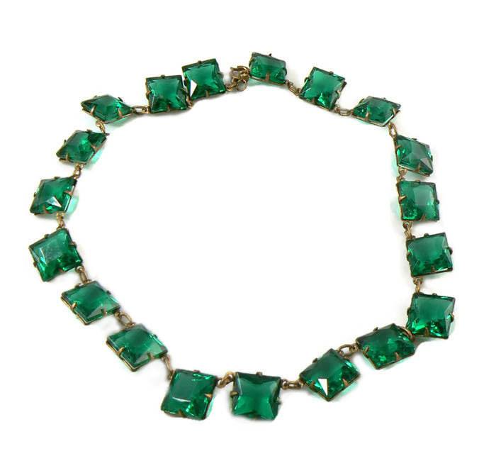 Art Deco Emerald Green Glass Open Back Necklace