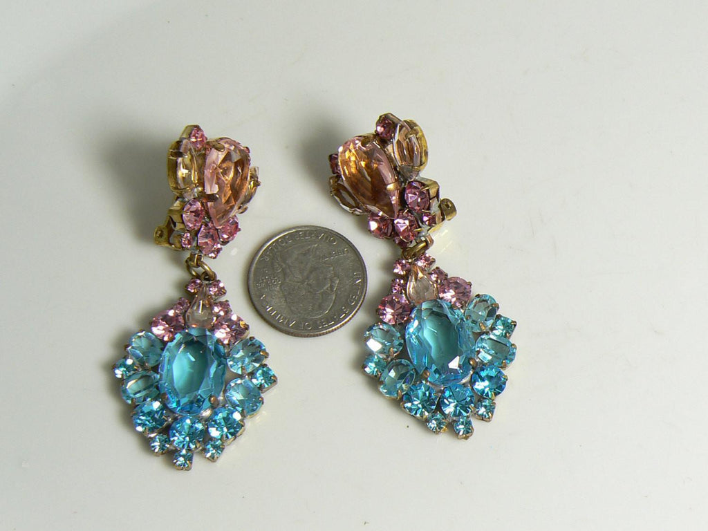 Aqua Blue and Pink Czech Glass Clip Earrings - Vintage Lane Jewelry