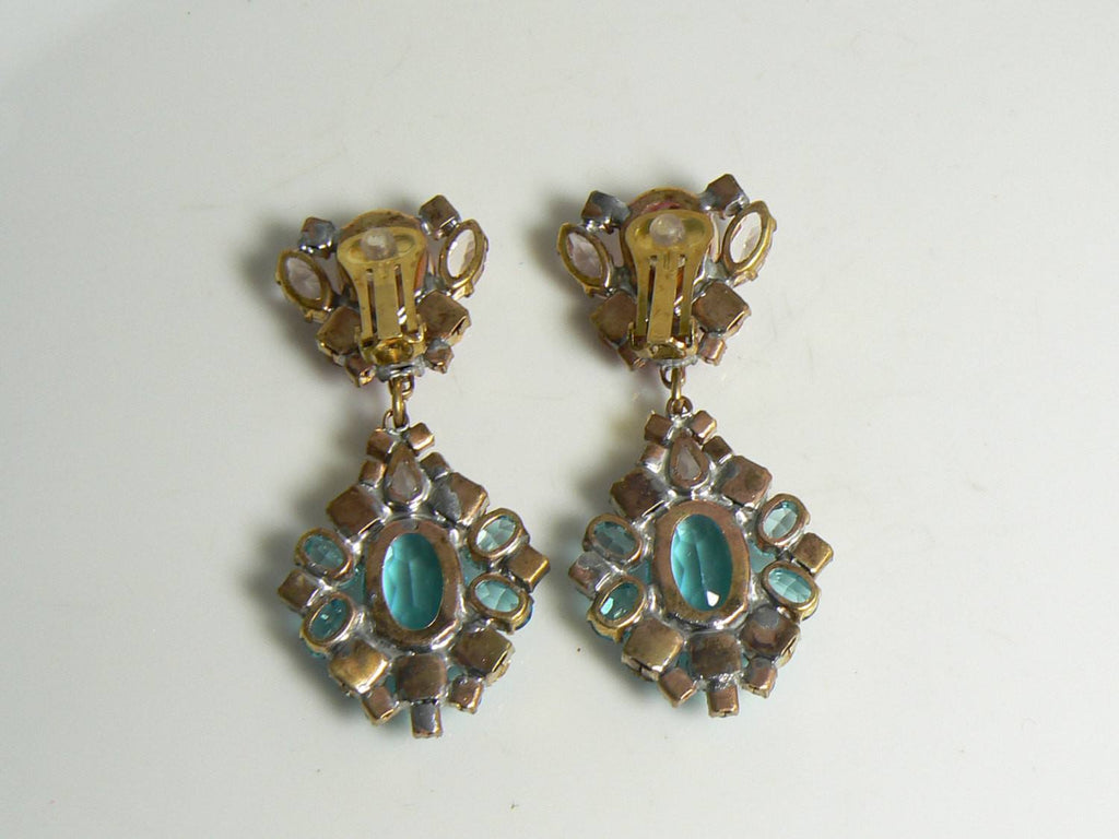 Aqua Blue and Pink Czech Glass Clip Earrings - Vintage Lane Jewelry