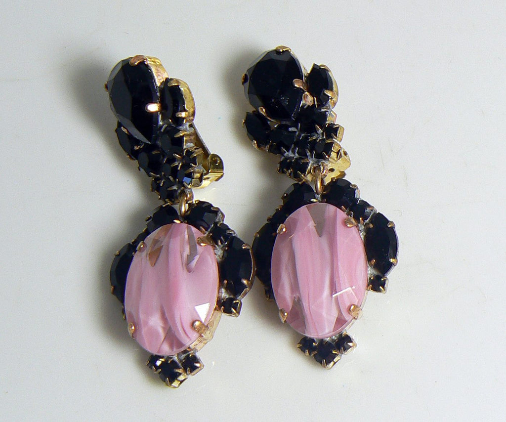 Black and Pink Givre Czech Glass Clip Earrings - Vintage Lane Jewelry