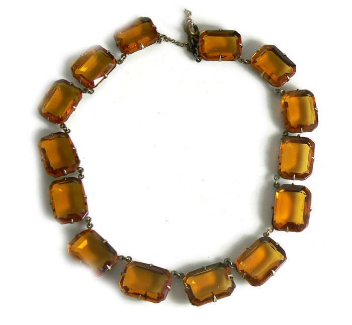 Vintage Art Deco Amber Glass Panel Necklace, emerald cut, prong set, open back stones