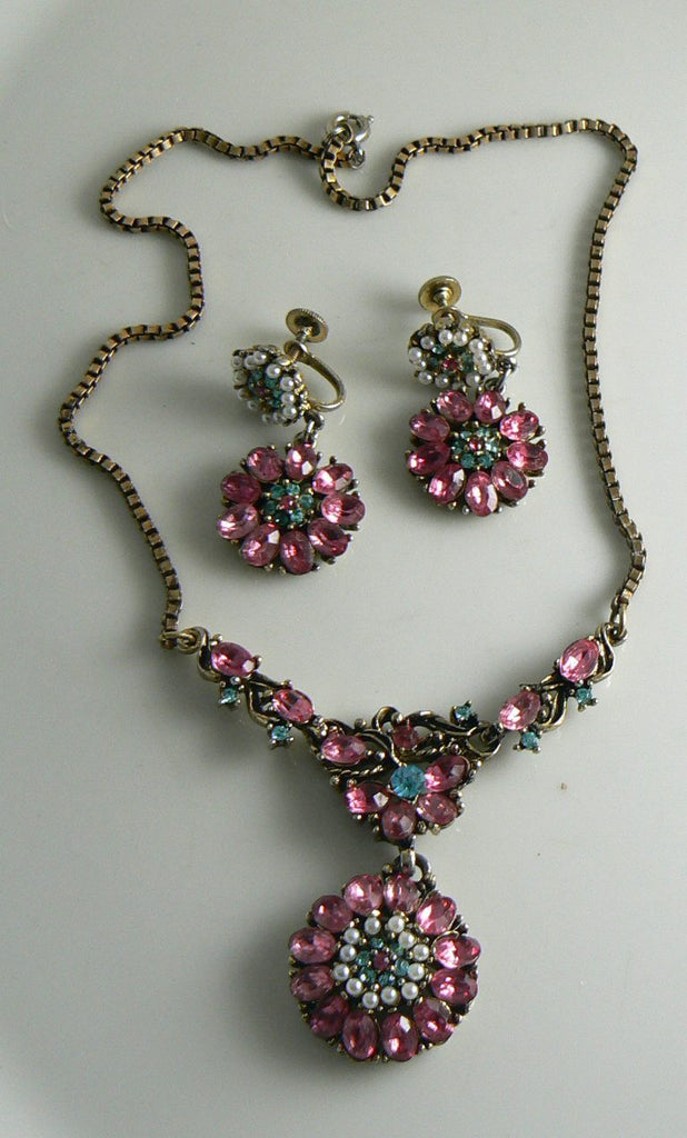 Pretty Pink and Aqua Blue Rhinestone Necklace Earring Set