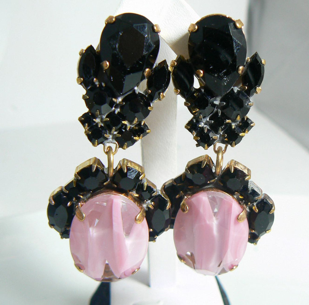 Black and Pink Givre Czech Glass Clip Earrings