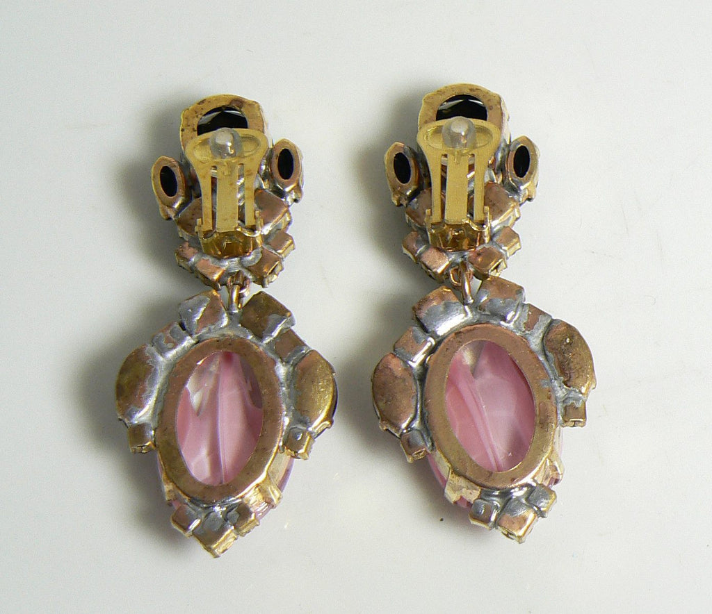 Black and Pink Givre Czech Glass Clip Earrings - Vintage Lane Jewelry