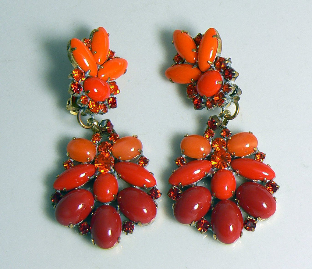 Czech Glass Orange and Fire Red Cabochon Rhinestone Clip Earrings