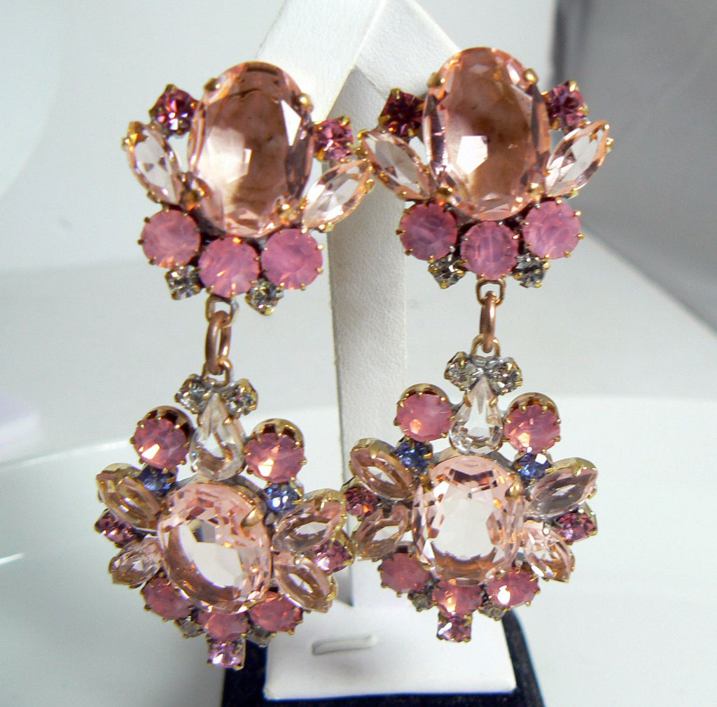 Czech Glass Clip Earrings, Shades of Pink, Rhinestone