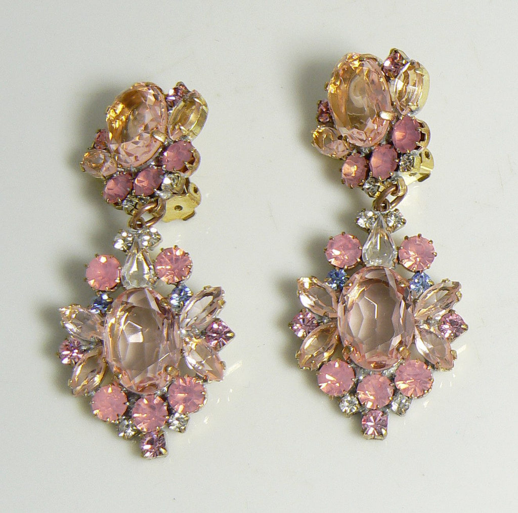 Czech Glass Clip Earrings, Shades of Pink, Rhinestone
