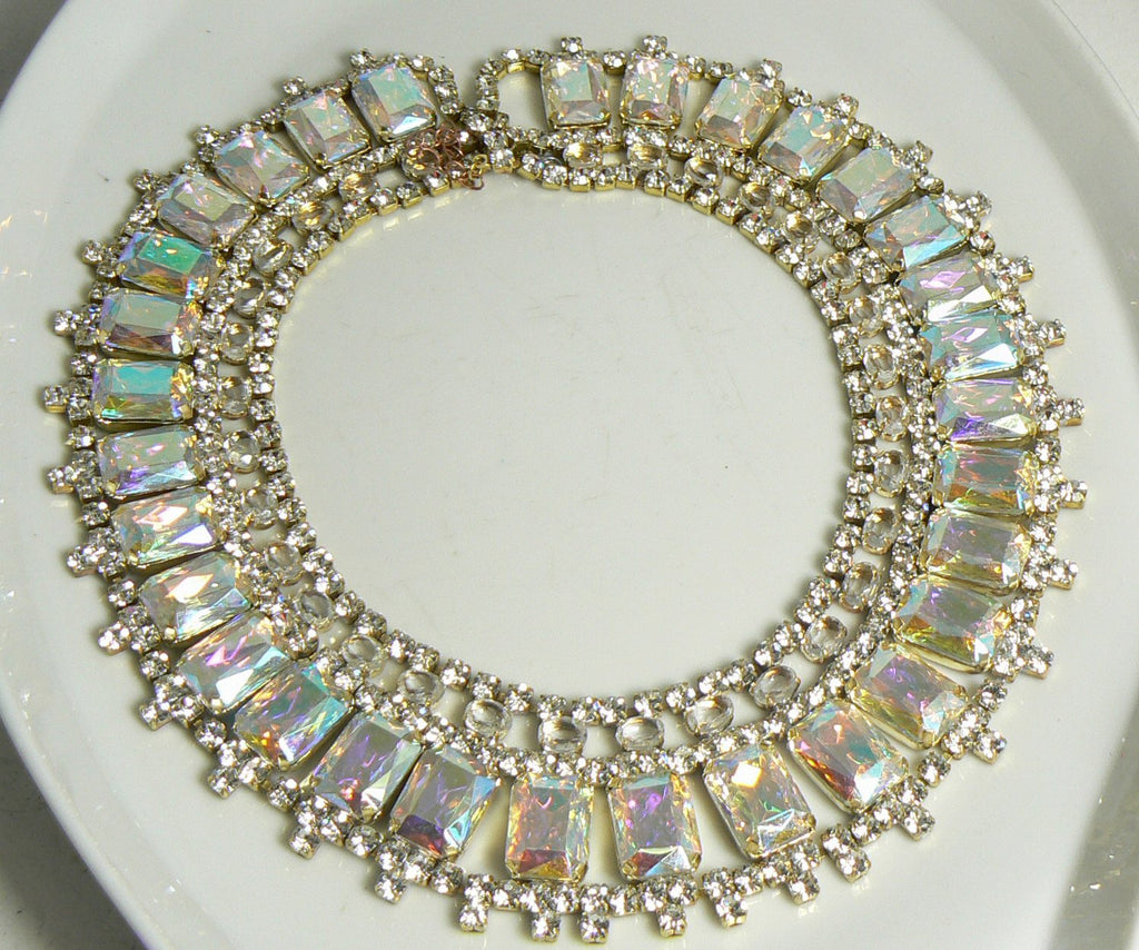 Czech Glass Borealis Rhinestone Bib Necklace, Husar D. - Vintage Lane Jewelry