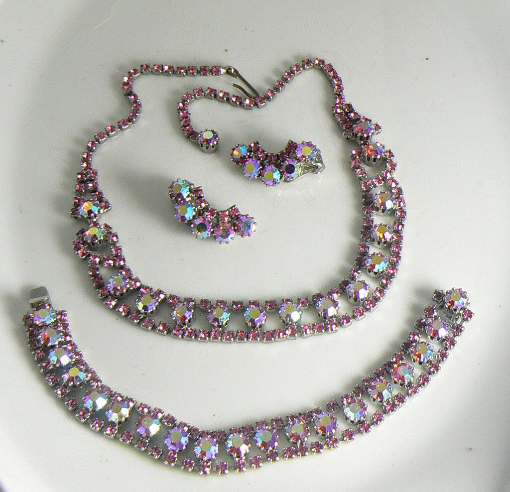 Vintage Kramer Pink Rhinestone AB Parure, Necklace, Bracelet and Clip Earrings