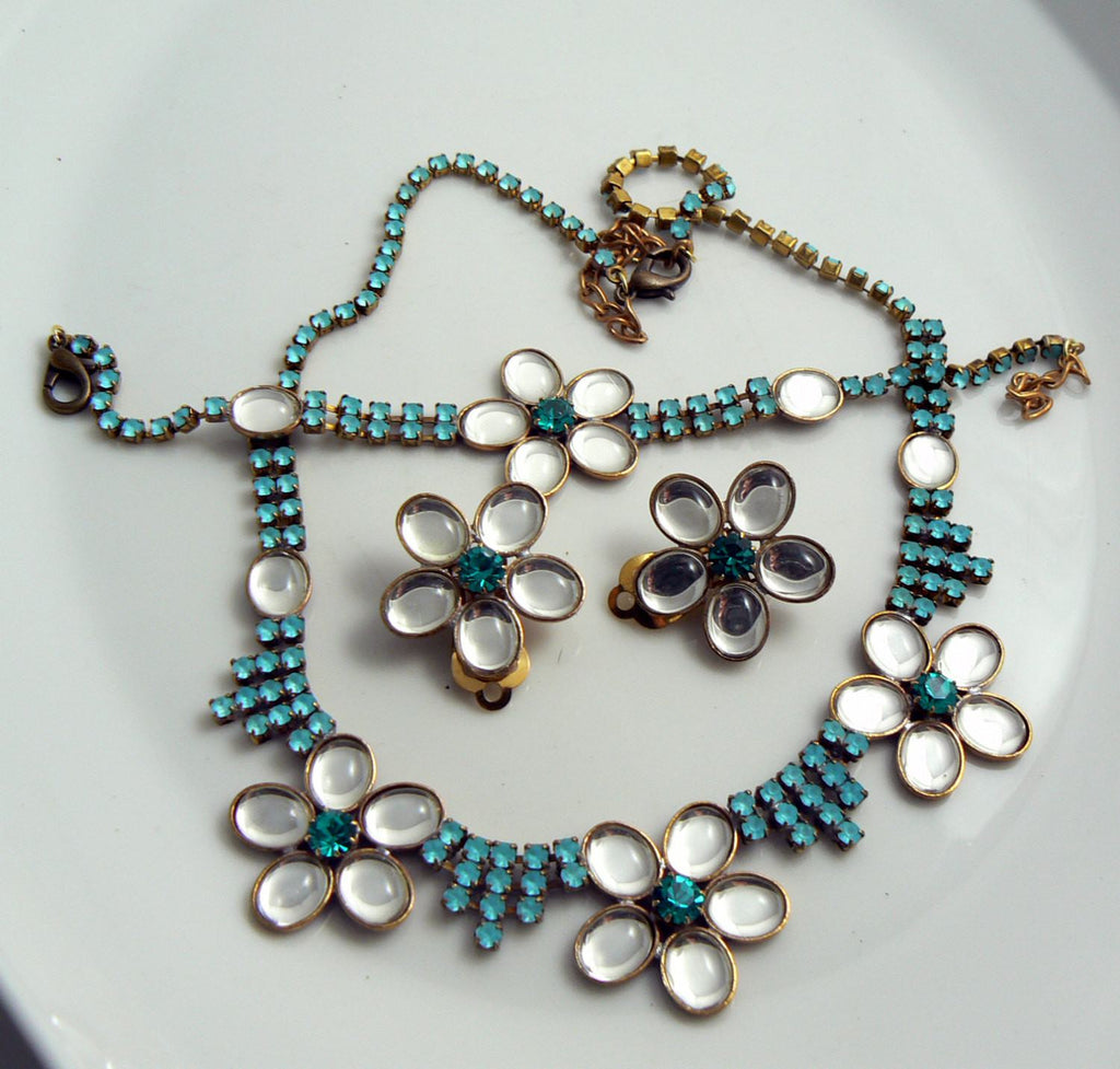 Czech Glass Blue Daisy Flower Set, Necklace, Clip Earrings and Bracelet. Taboo.