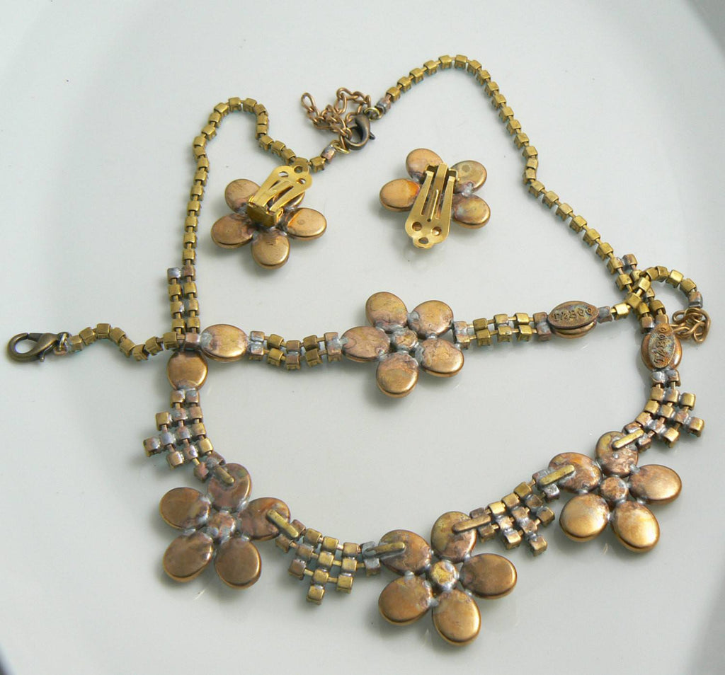 Czech Glass Blue Daisy Flower Set, Necklace, Clip Earrings and Bracelet. Taboo. - Vintage Lane Jewelry