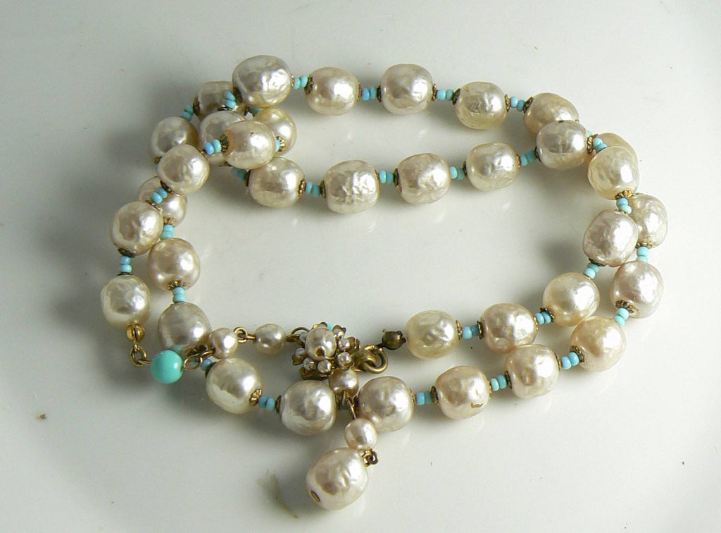 Baroque Glass Pearl and Aqua Glass Bead Miriam Haskell Necklace