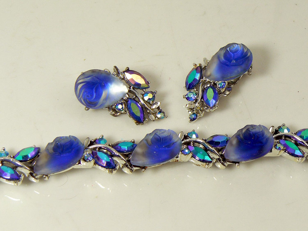 Molded Glass AB Rhinestone BSK Bracelet Clip Earring Set