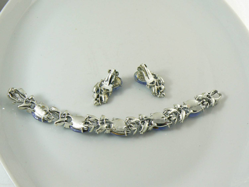 Molded Glass AB Rhinestone BSK Bracelet Clip Earring Set - Vintage Lane Jewelry