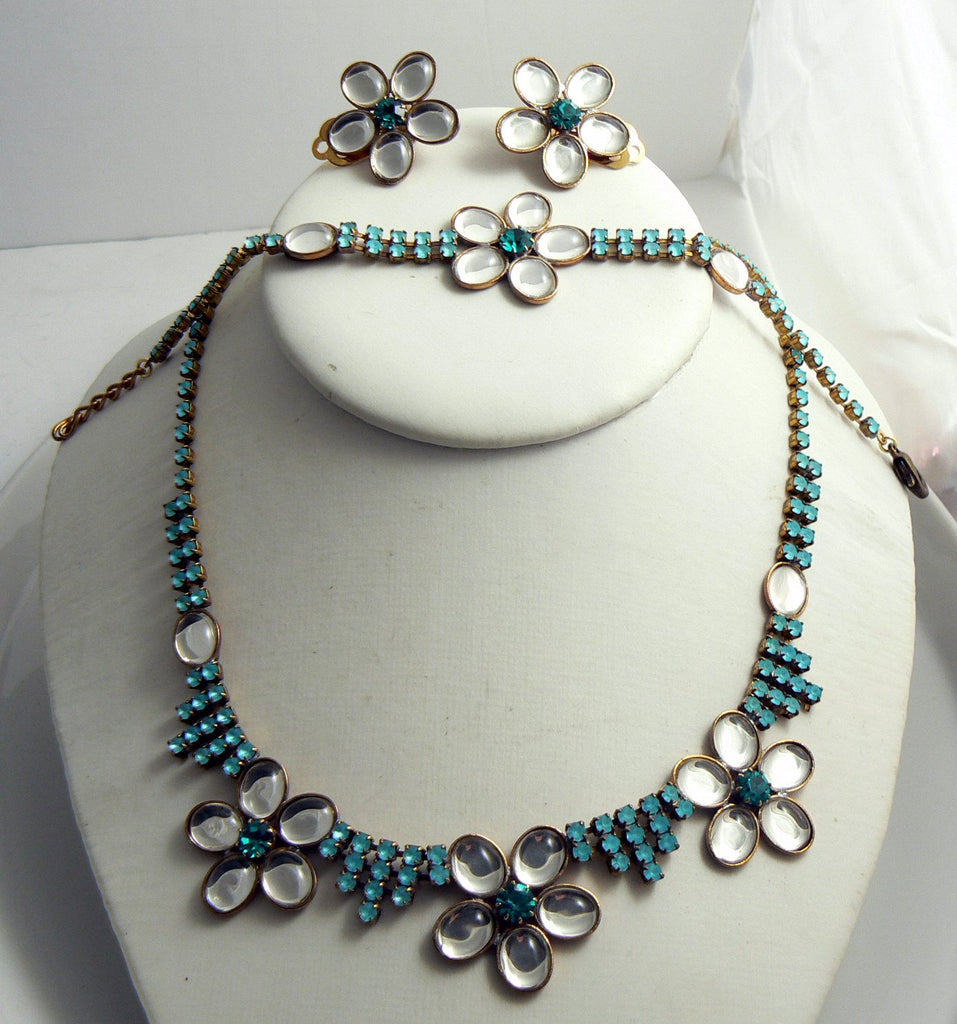 Czech Glass Blue Daisy Flower Set, Necklace, Clip Earrings and Bracelet. Taboo. - Vintage Lane Jewelry