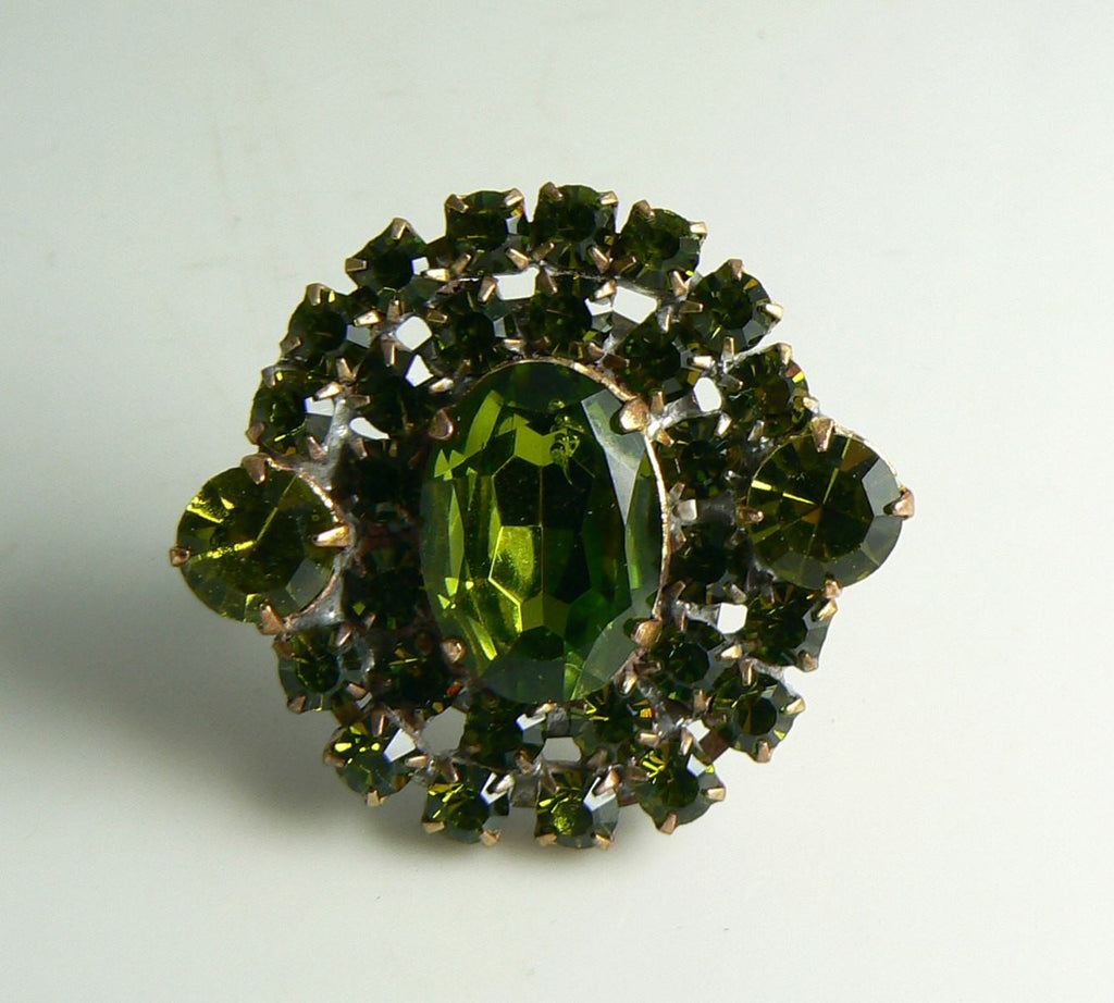 Brilliant Green Czech Glass Necklace, Clip Earrings and matching Ring - Vintage Lane Jewelry
