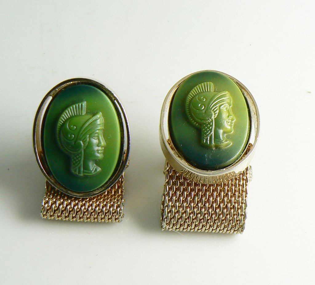 Vintage Green Lucite Trojan Cameo Cufflinks