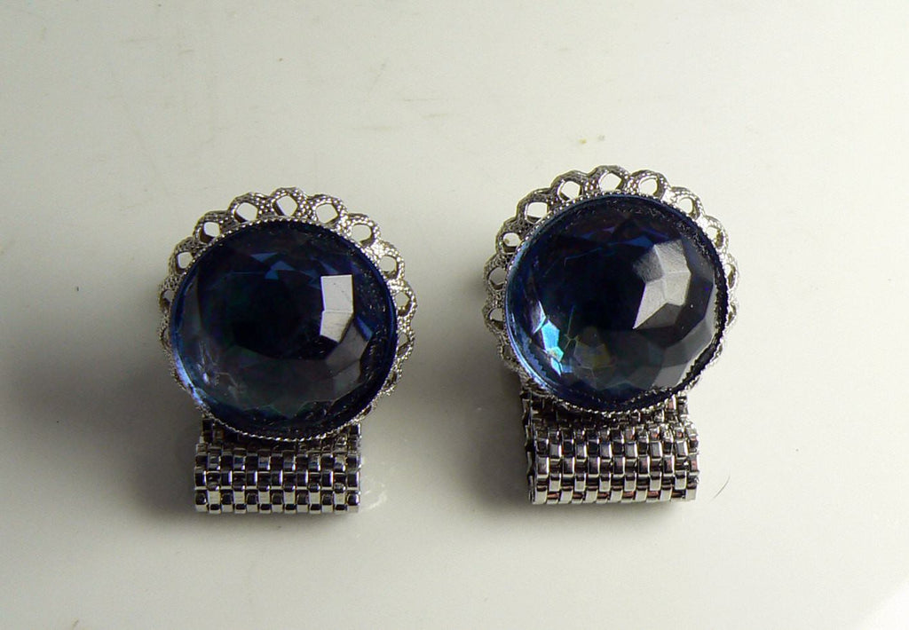 Vintage Blue Glass Silver Tone Wrap Around Cuff Links