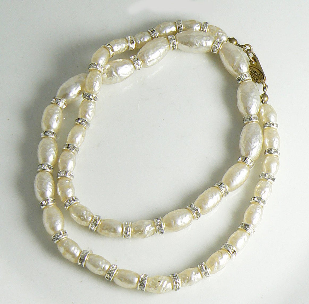 Signed Miriam Haskell Baroque Oblong Glass Pearl Rhinestone Rondelle Necklace
