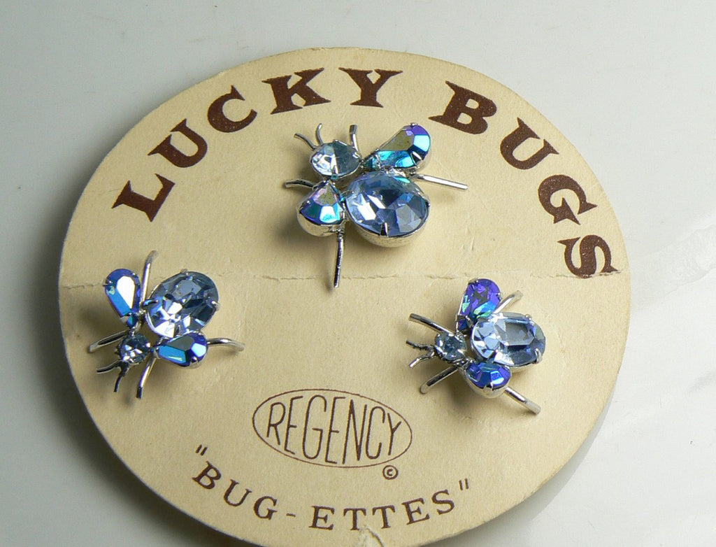 Regency Lucky Bugs Blue Glass Bug Pins on Original Display Card, Bugettes, Scatter Pins
