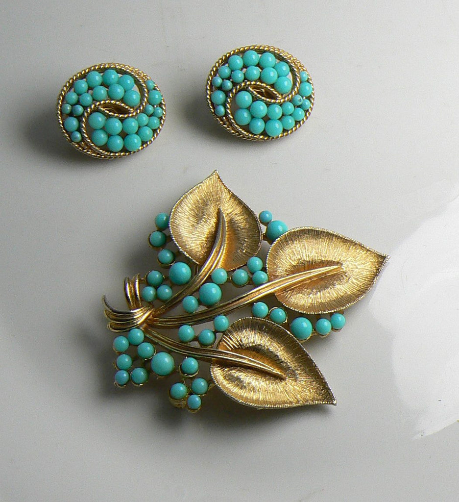 Vintage Crown Trifari Turquoise Glass Bead Gold Leaf Demi Parure - Vintage Lane Jewelry