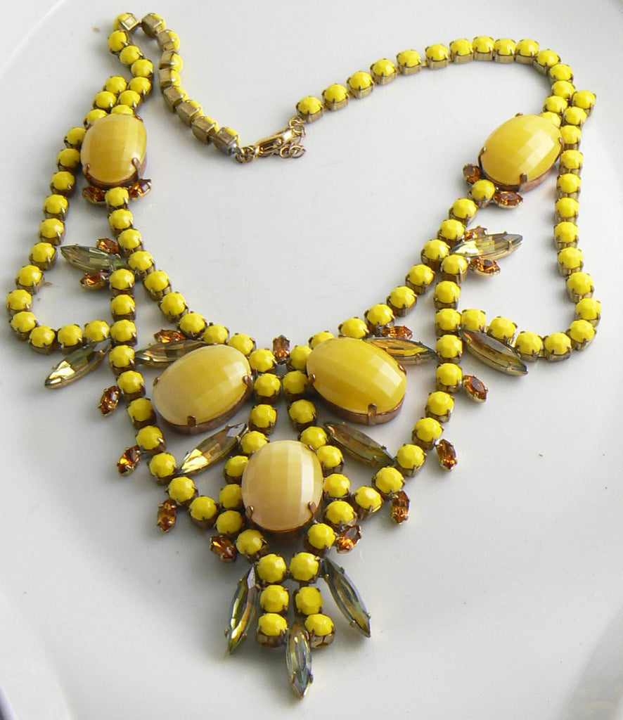 Husar D. Yellow Cabochon and Rhinestone Czech Glass Necklace