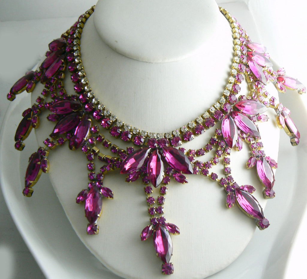 Pink Marquises Czech Glass Rhinestone Necklace and Clip Earring Set, Bijoux MG