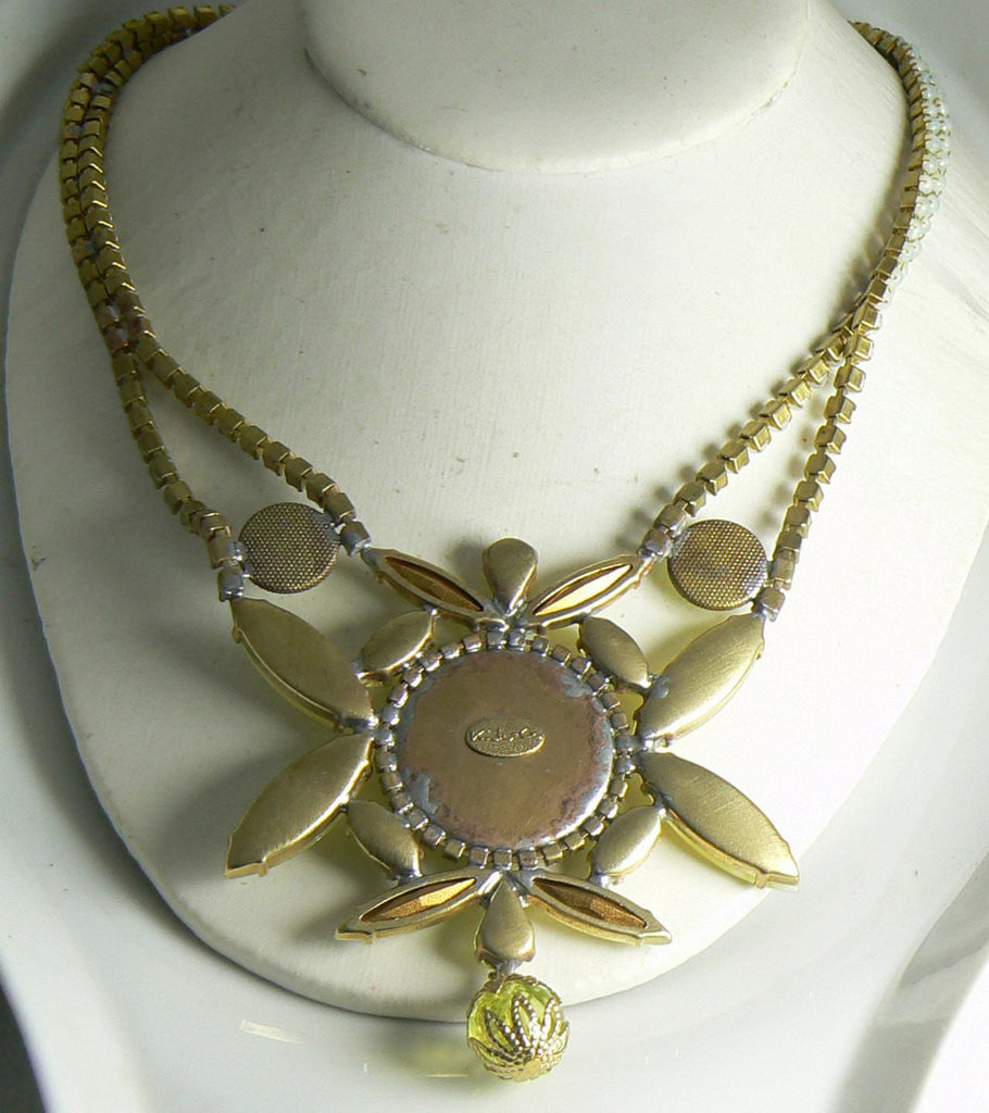 Czech Vaseline Uranium Statement Necklace Kutz CZ - Vintage Lane Jewelry