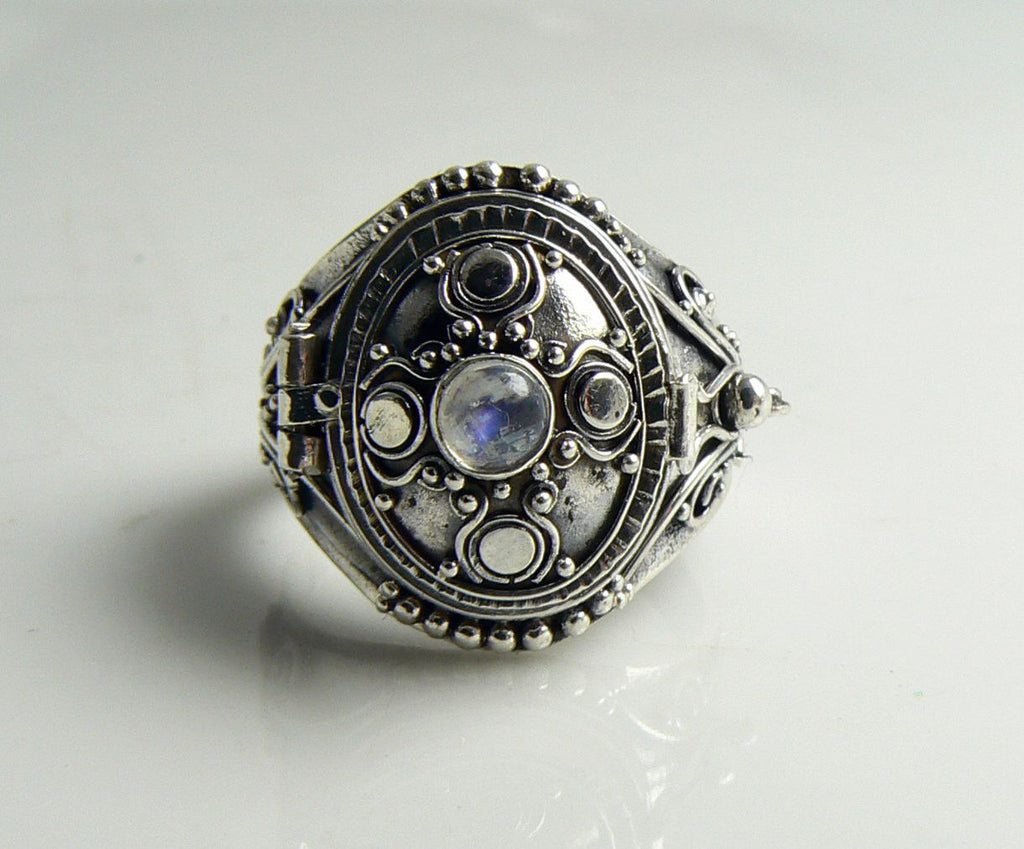 Sterling Silver Moonstone Poison Ring Renaissance Revival, Pill Box Ring
