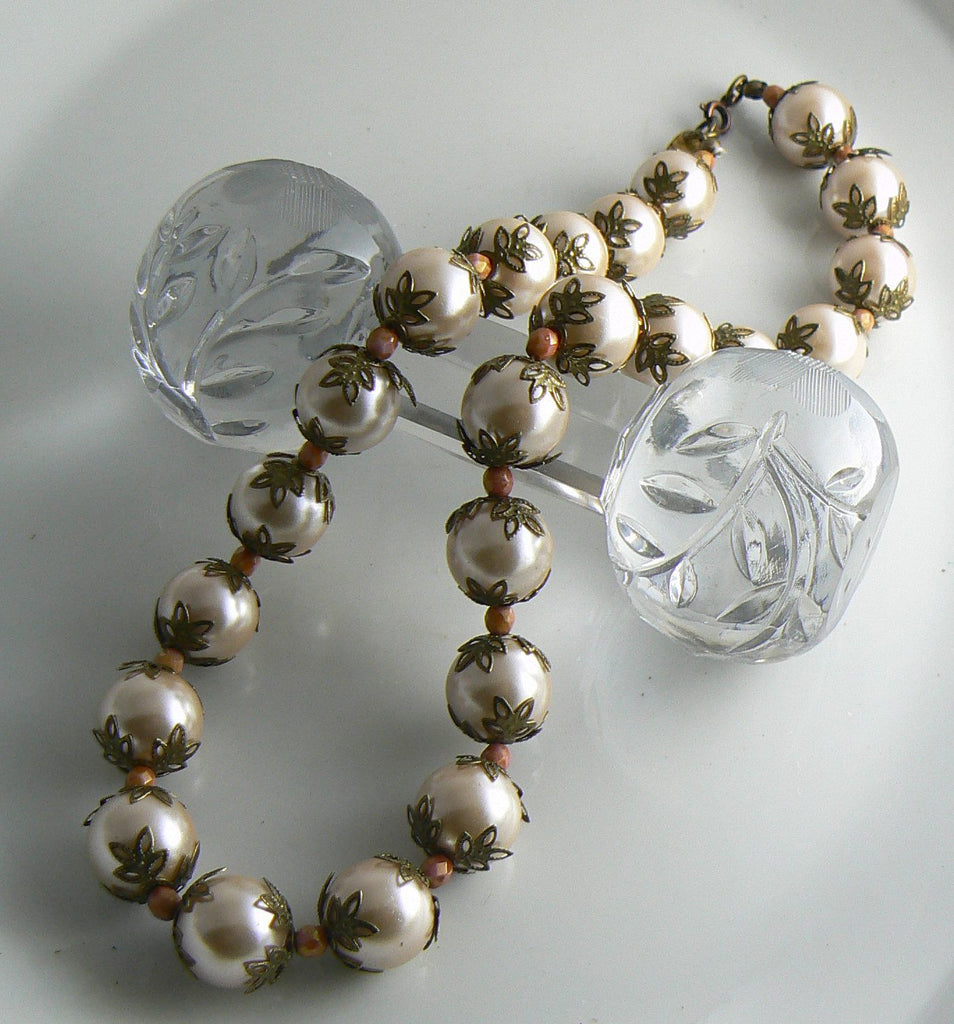 Vintage Miriam Haskell Round Glass Pearl Bead Cap Necklace - Vintage Lane Jewelry